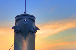 USS Missouri front at sunset